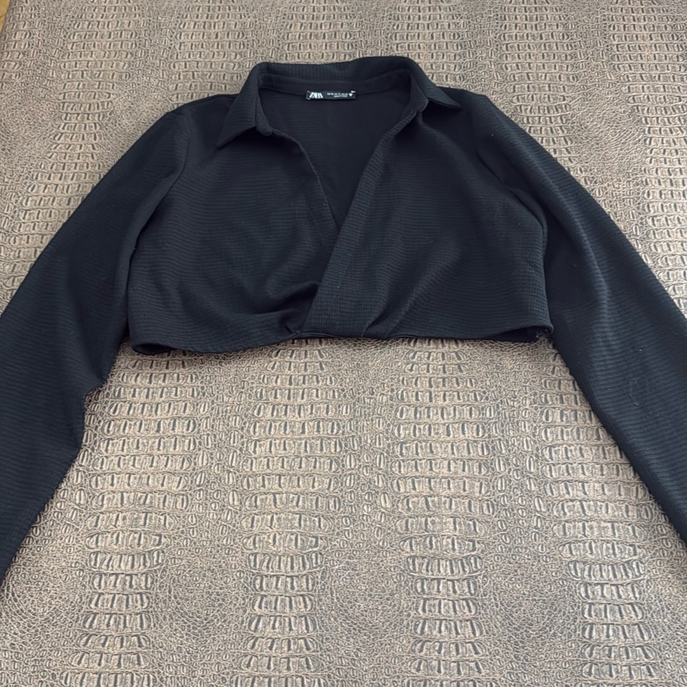 Zara Black Waffle Texture Cropped Wrap Blouse Collared XL